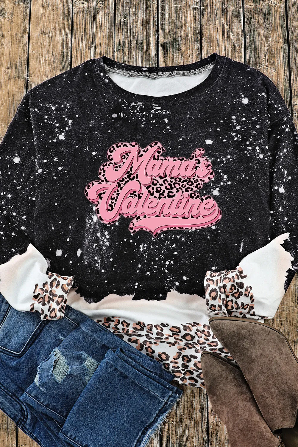 Black Mamas Valentine Leopard Bleached Sweatshirt