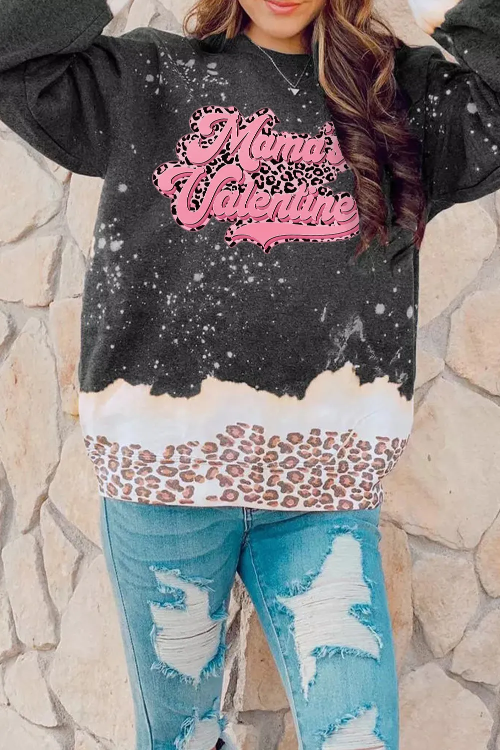 Black Mamas Valentine Leopard Bleached Sweatshirt