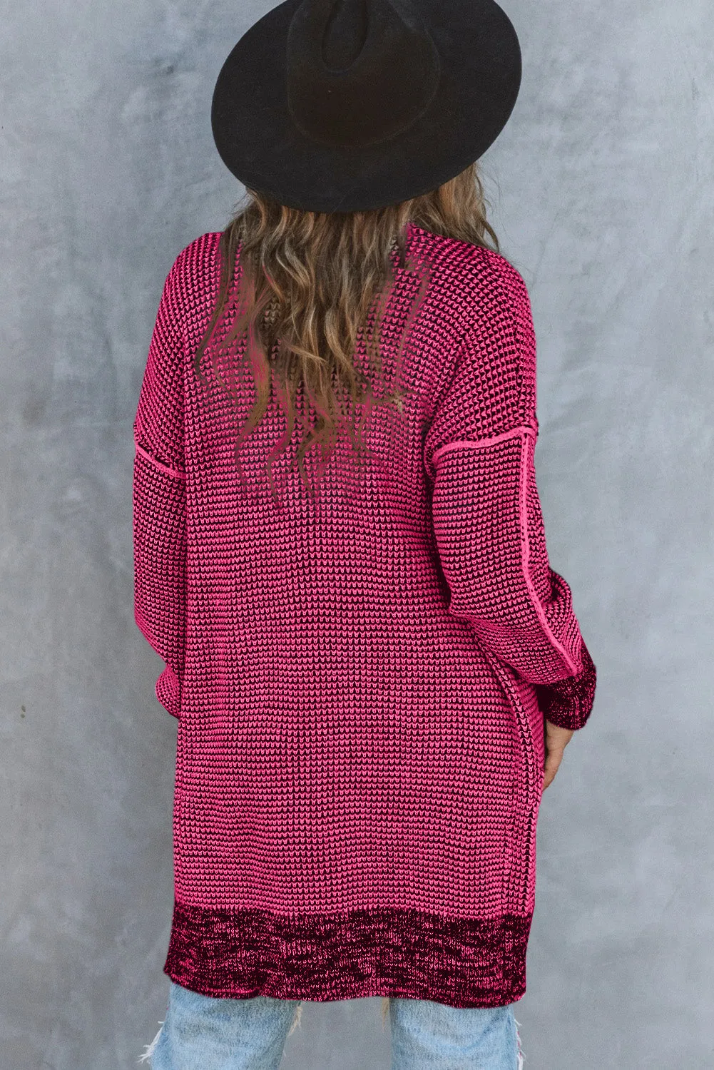 Black Plaid Knitted Long Open Front Cardigan