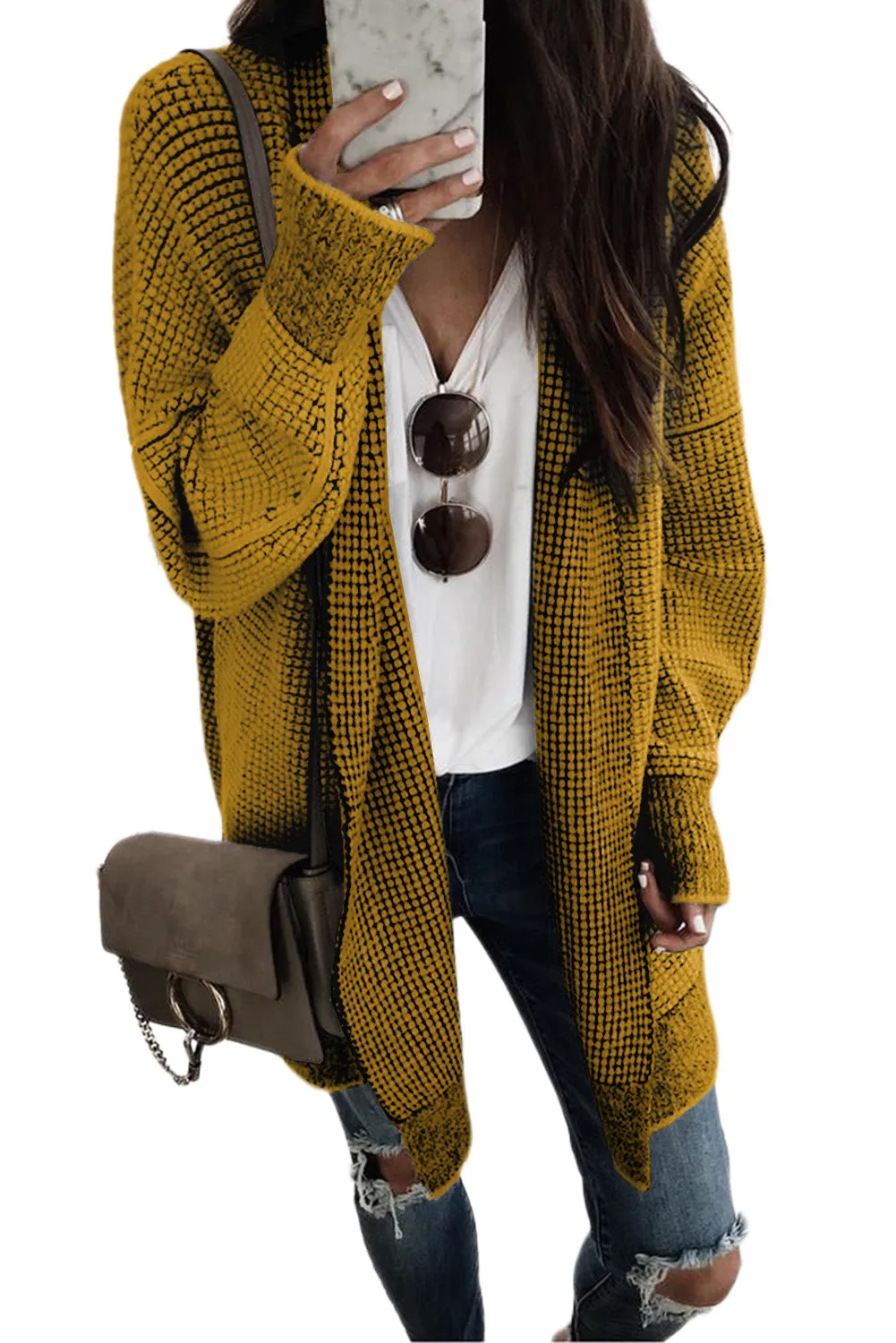 Black Plaid Knitted Long Open Front Cardigan