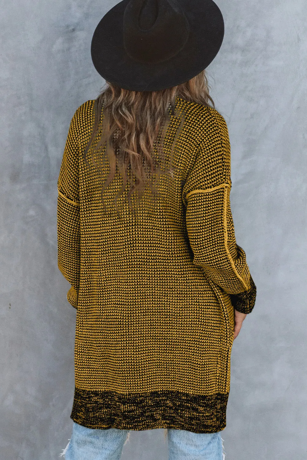 Black Plaid Knitted Long Open Front Cardigan