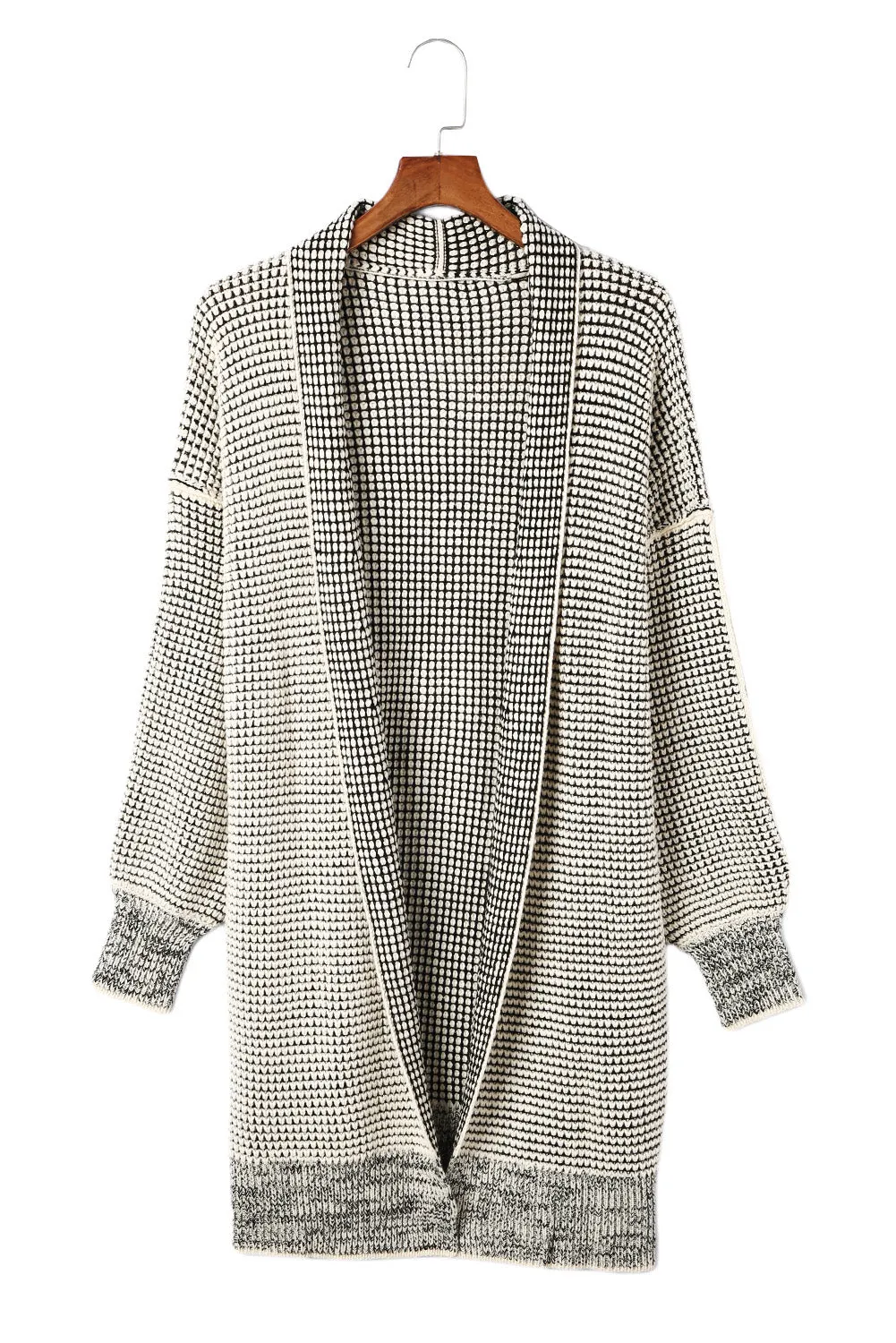 Black Plaid Knitted Long Open Front Cardigan