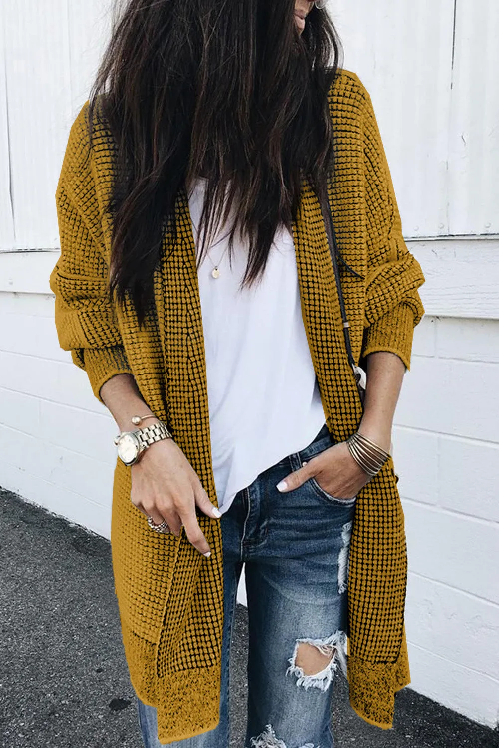Black Plaid Knitted Long Open Front Cardigan