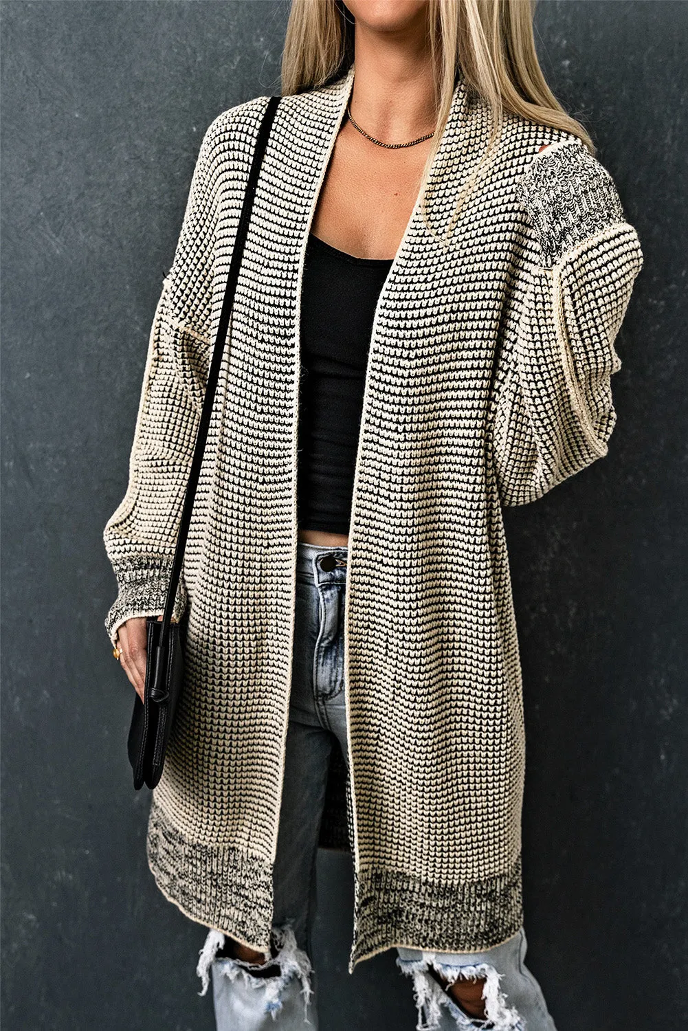 Black Plaid Knitted Long Open Front Cardigan