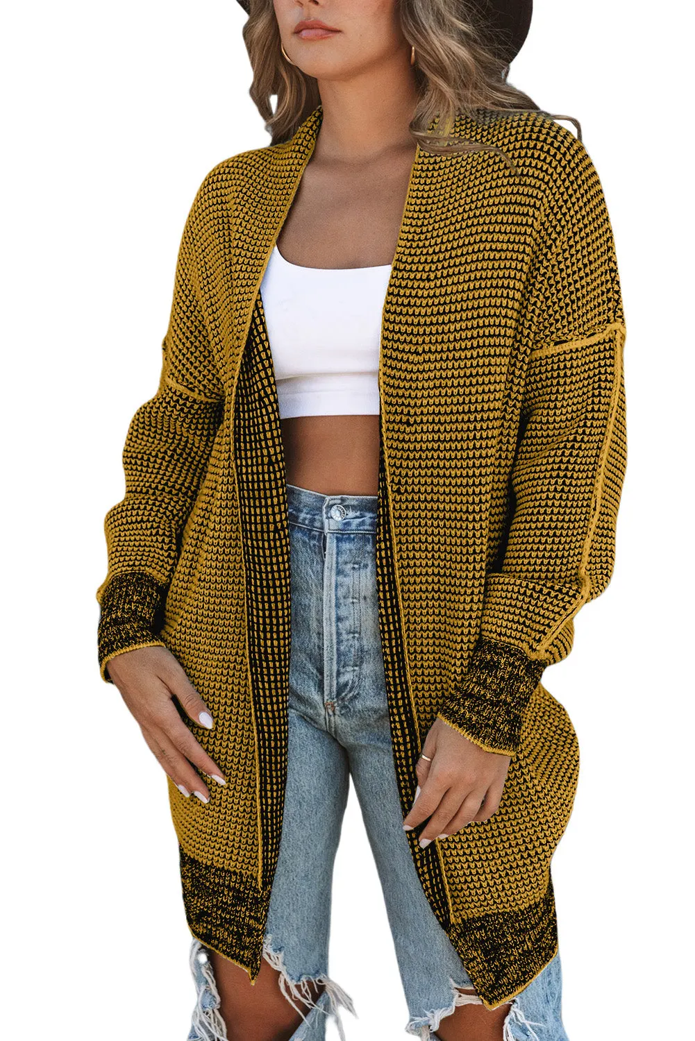 Black Plaid Knitted Long Open Front Cardigan