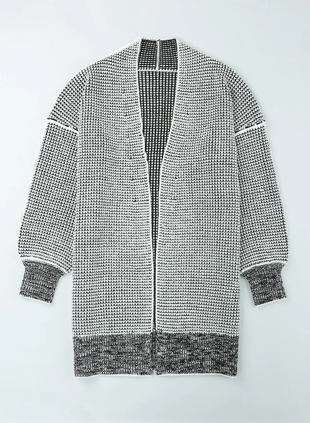 Black Plaid Knitted Long Open Front Cardigan