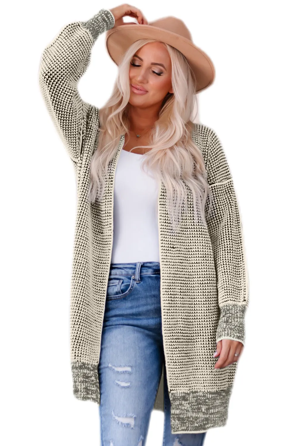 Black Plaid Knitted Long Open Front Cardigan