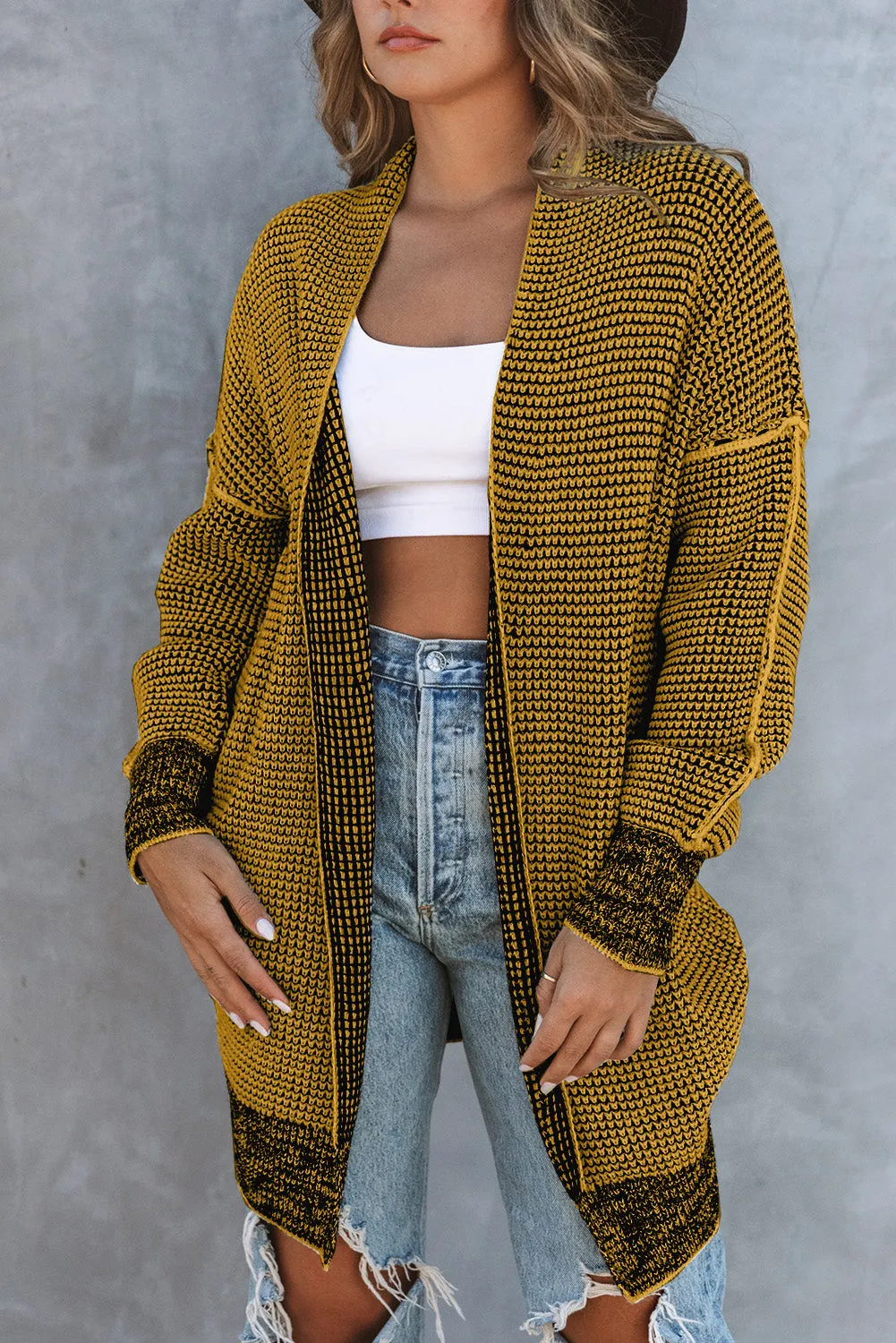 Black Plaid Knitted Long Open Front Cardigan