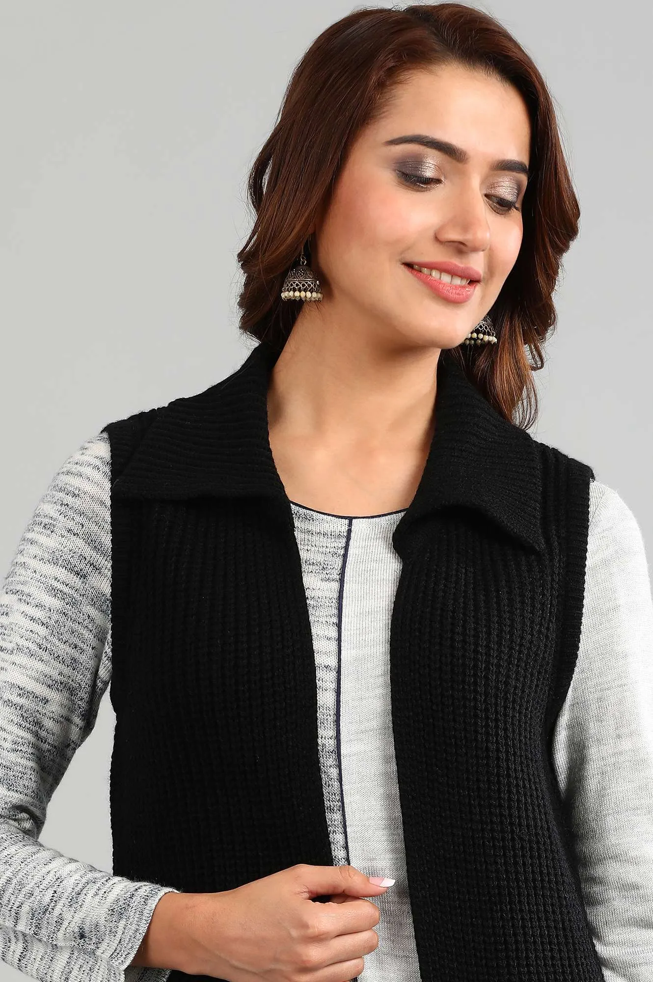 Black Shirt Collar Solid Sweater