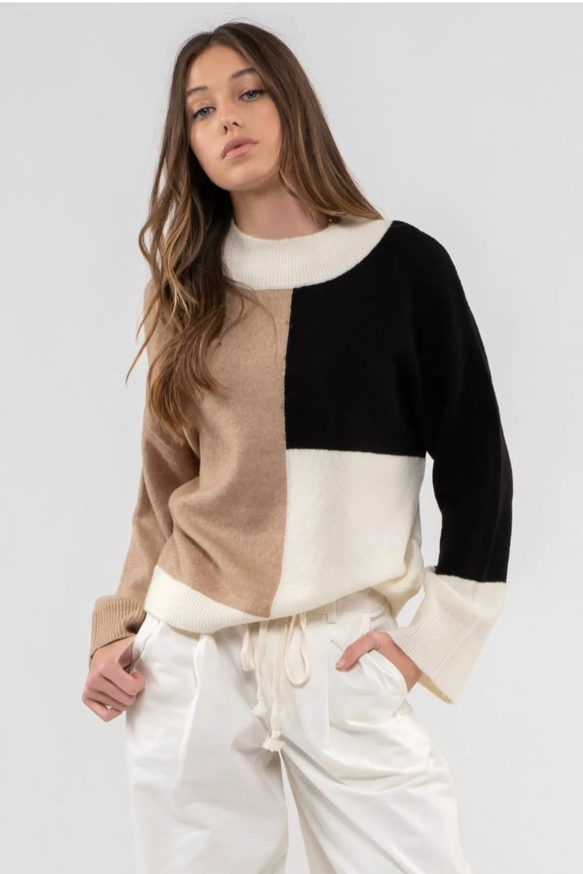 Black   Tan Color Block Sweater