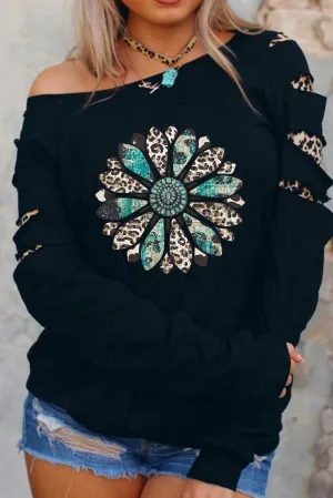 Black Western Leopard Sunflower Print Cutout Sleeve Sweatshirt
