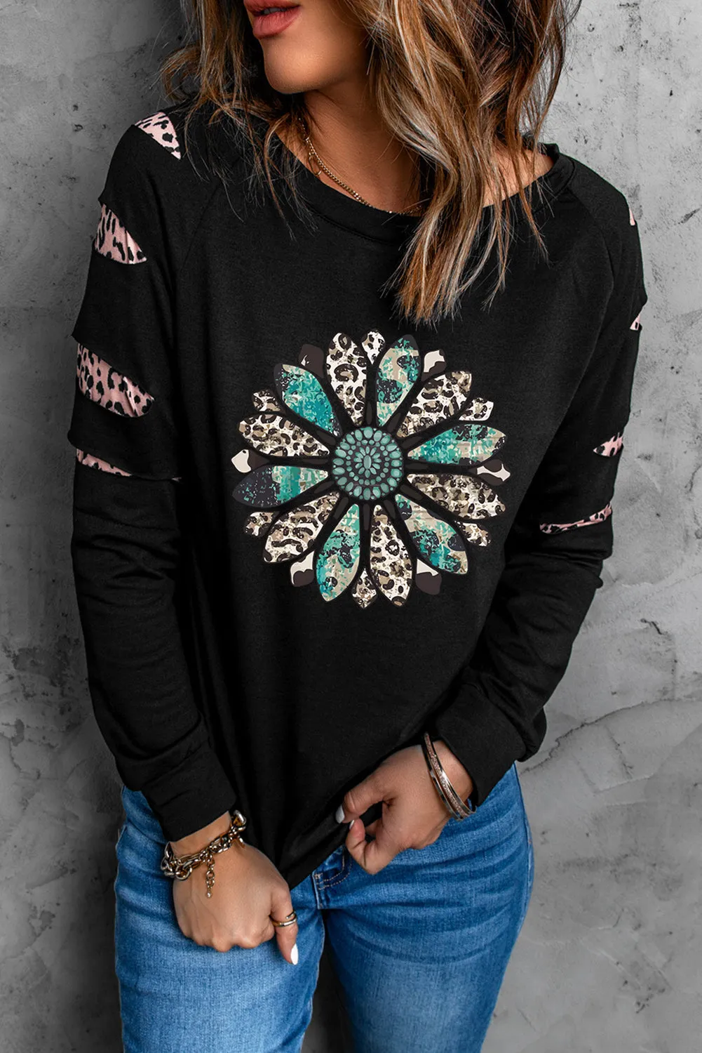 Black Western Leopard Sunflower Print Cutout Sleeve Sweatshirt