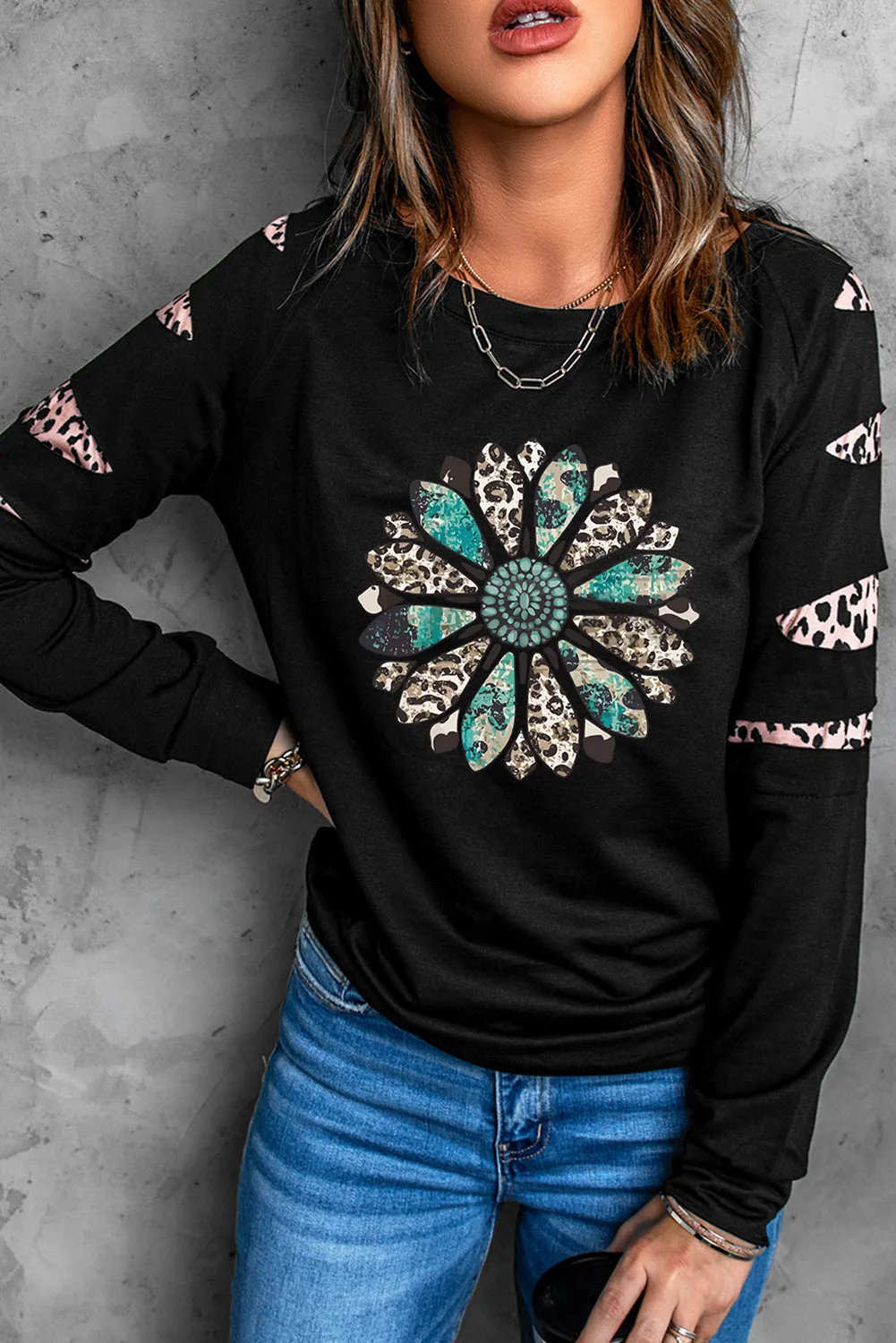 Black Western Leopard Sunflower Print Cutout Sleeve Sweatshirt