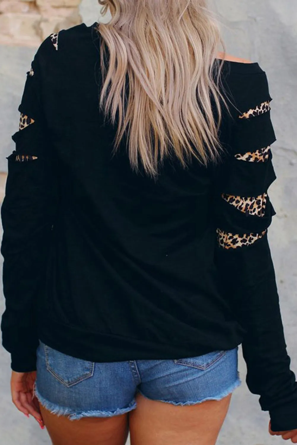 Black Western Leopard Sunflower Print Cutout Sleeve Sweatshirt