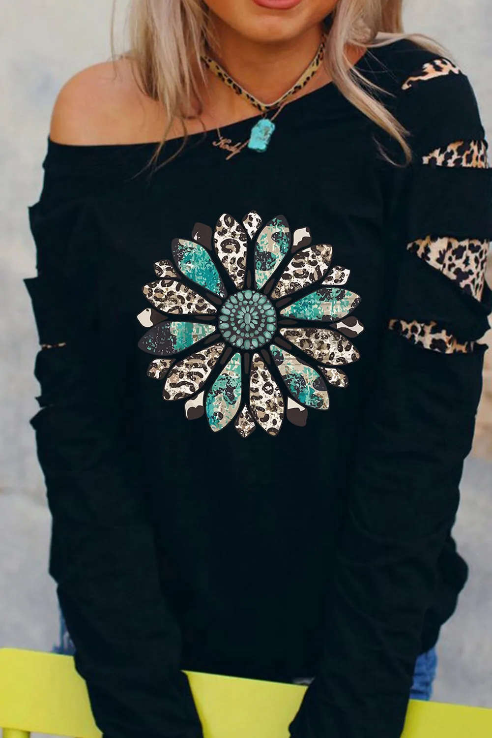 Black Western Leopard Sunflower Print Cutout Sleeve Sweatshirt