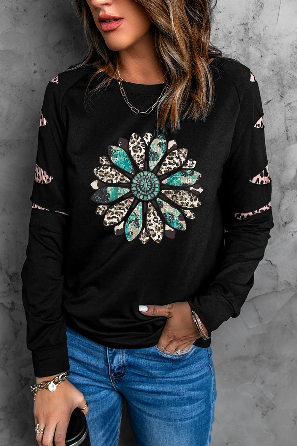 Black Western Leopard Sunflower Print Cutout Sleeve Sweatshirt