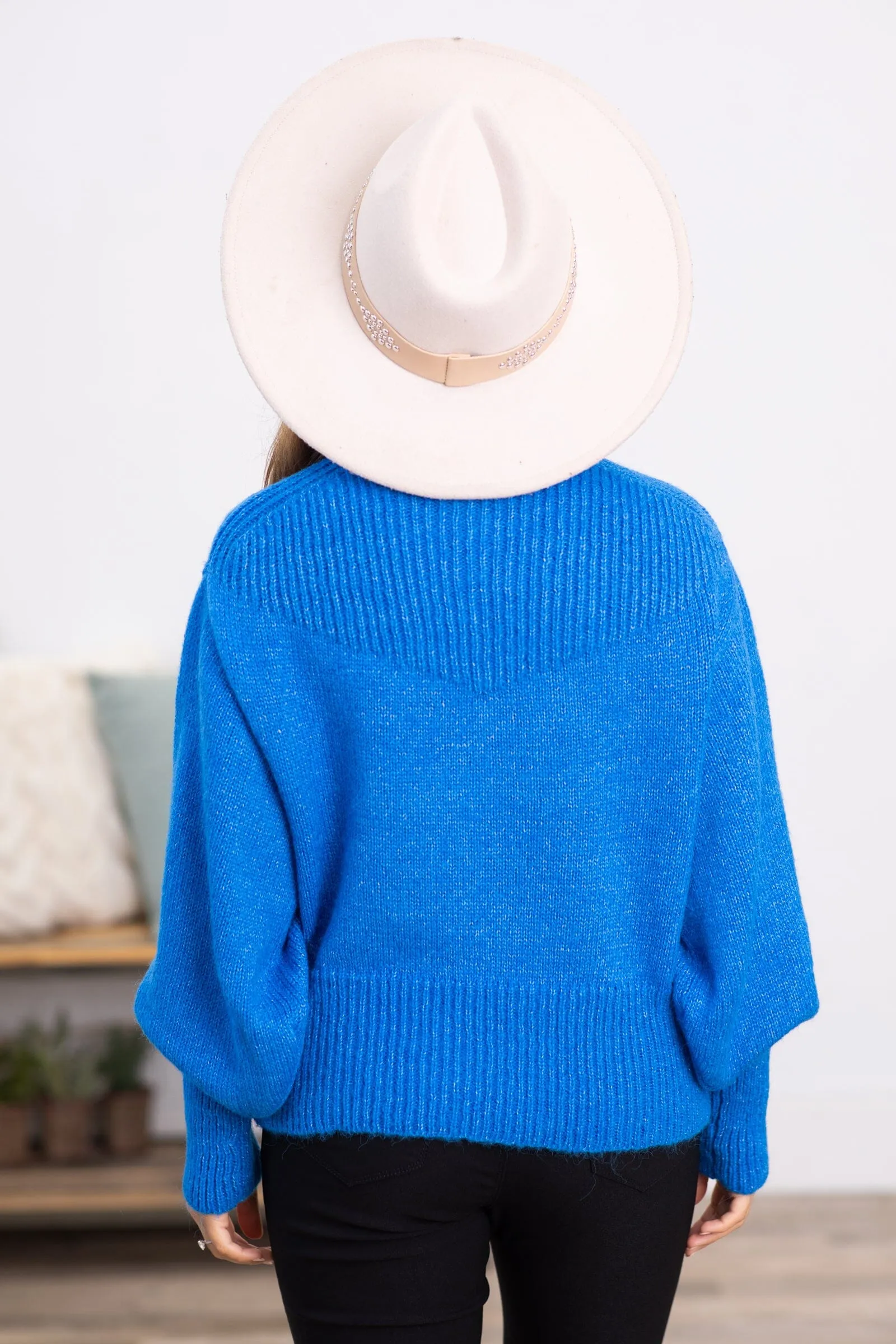 Blue Balloon Sleeve Mock Neck Sweater