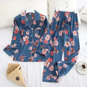Blue Floral Satin Pajamas