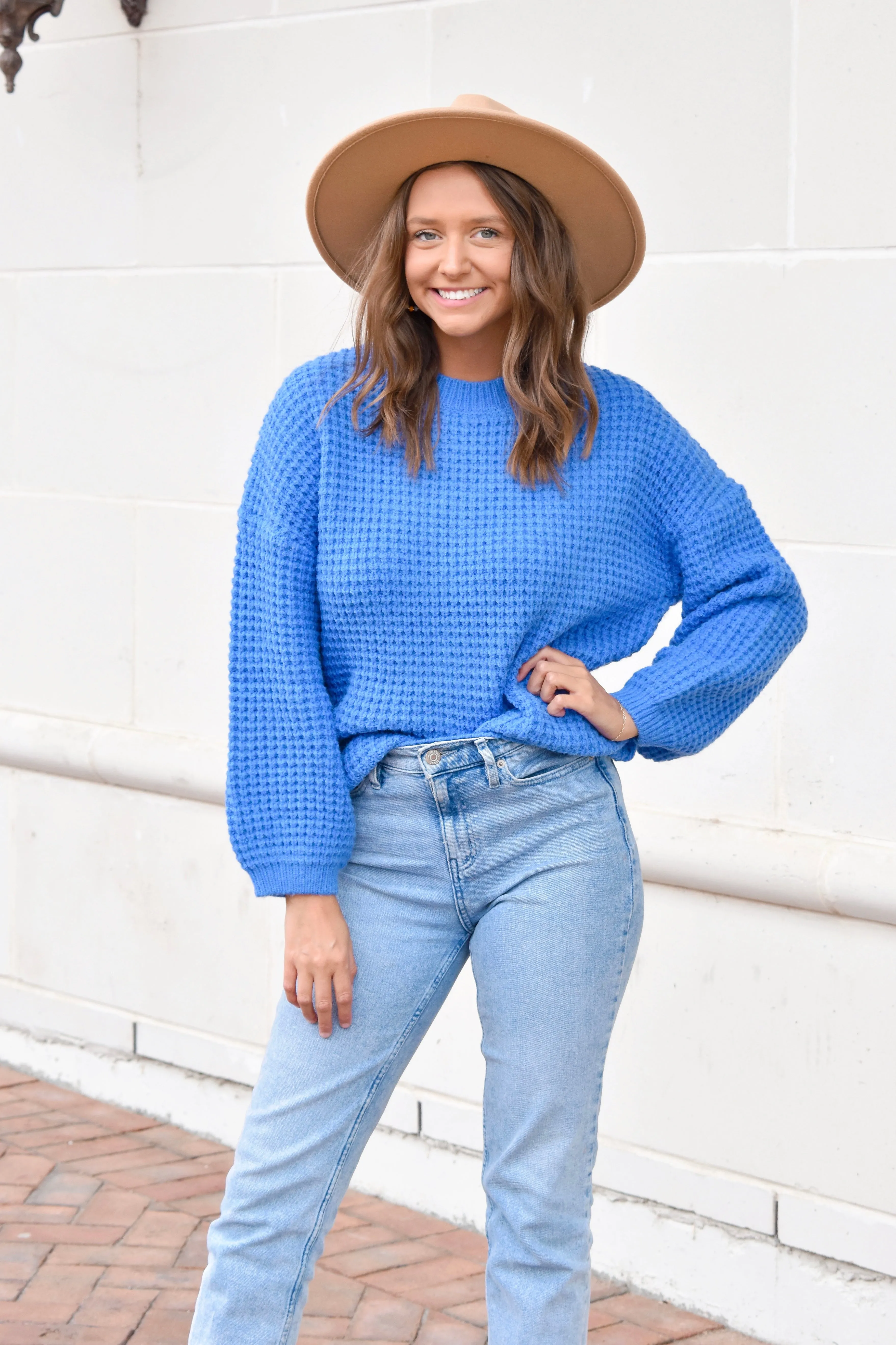 Blue Waffle Knit Sweater