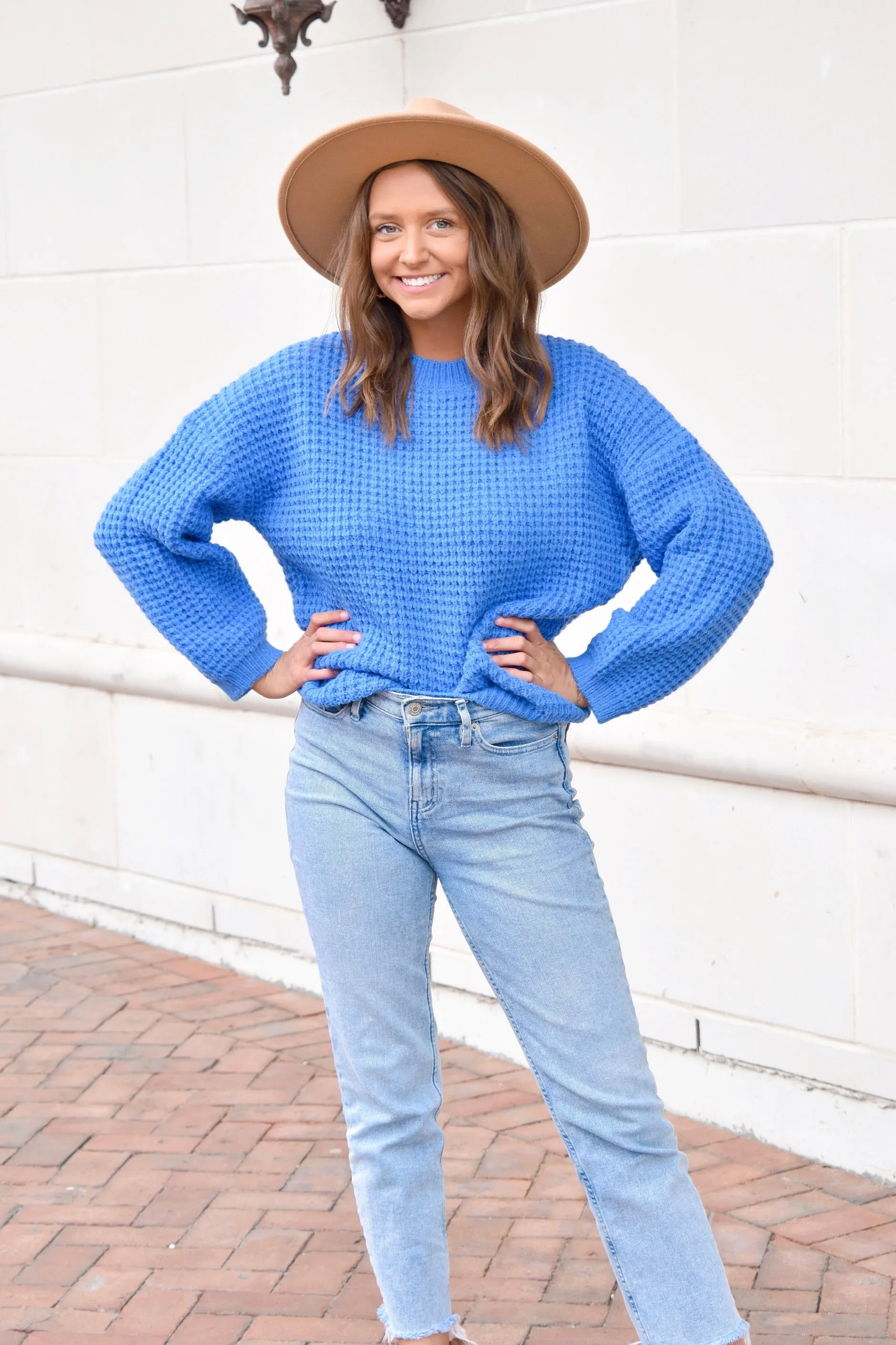 Blue Waffle Knit Sweater
