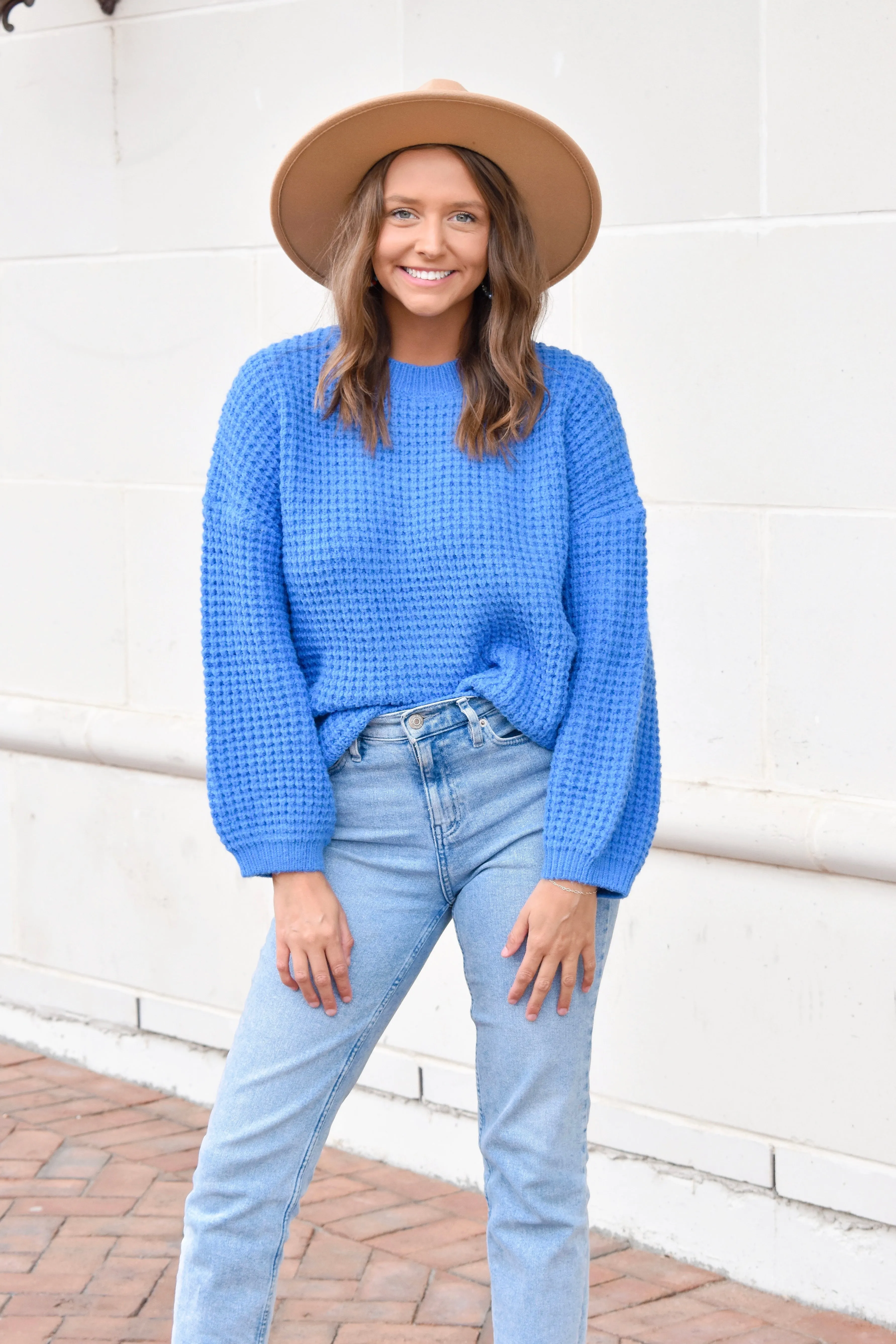 Blue Waffle Knit Sweater
