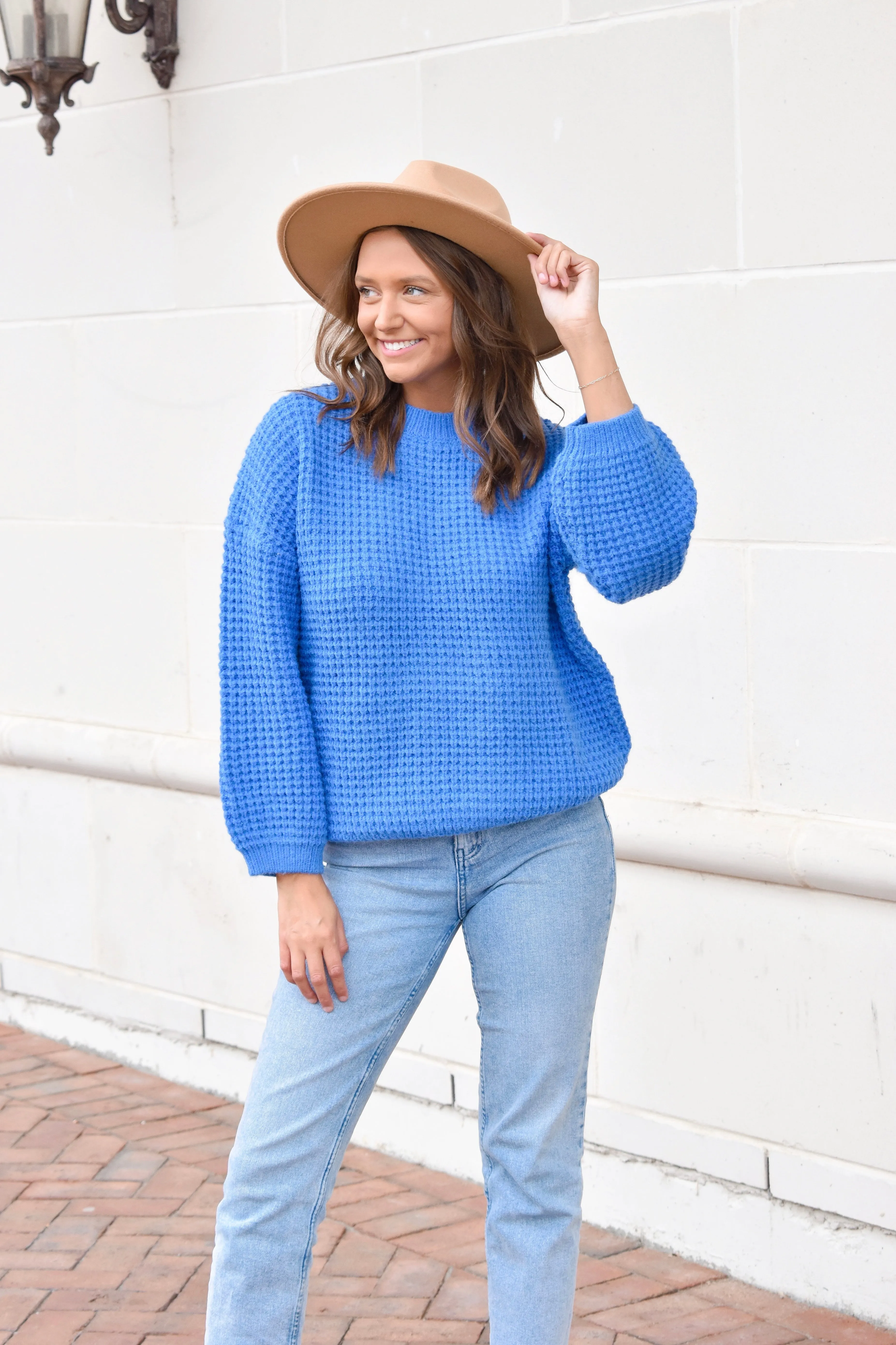 Blue Waffle Knit Sweater