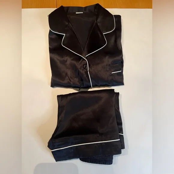BNWT Pure Silk Silky Pajamas Short PJ Set Black L 100% Mulberry Silk