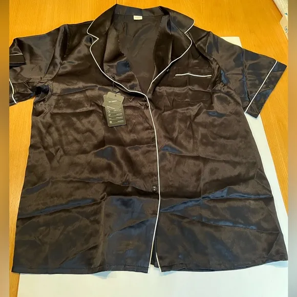 BNWT Pure Silk Silky Pajamas Short PJ Set Black L 100% Mulberry Silk