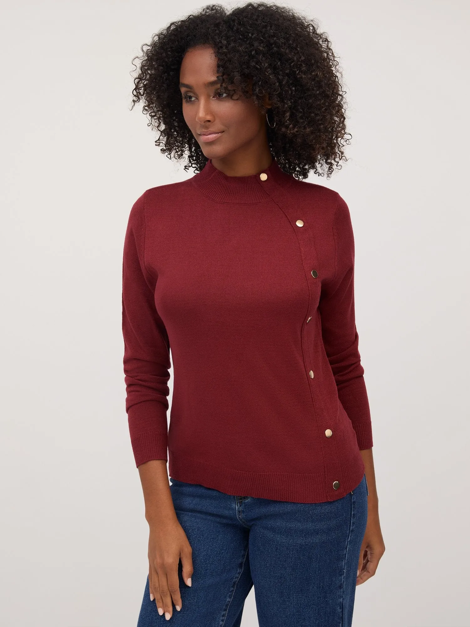 Button-Detail Mock-Neck Sweater