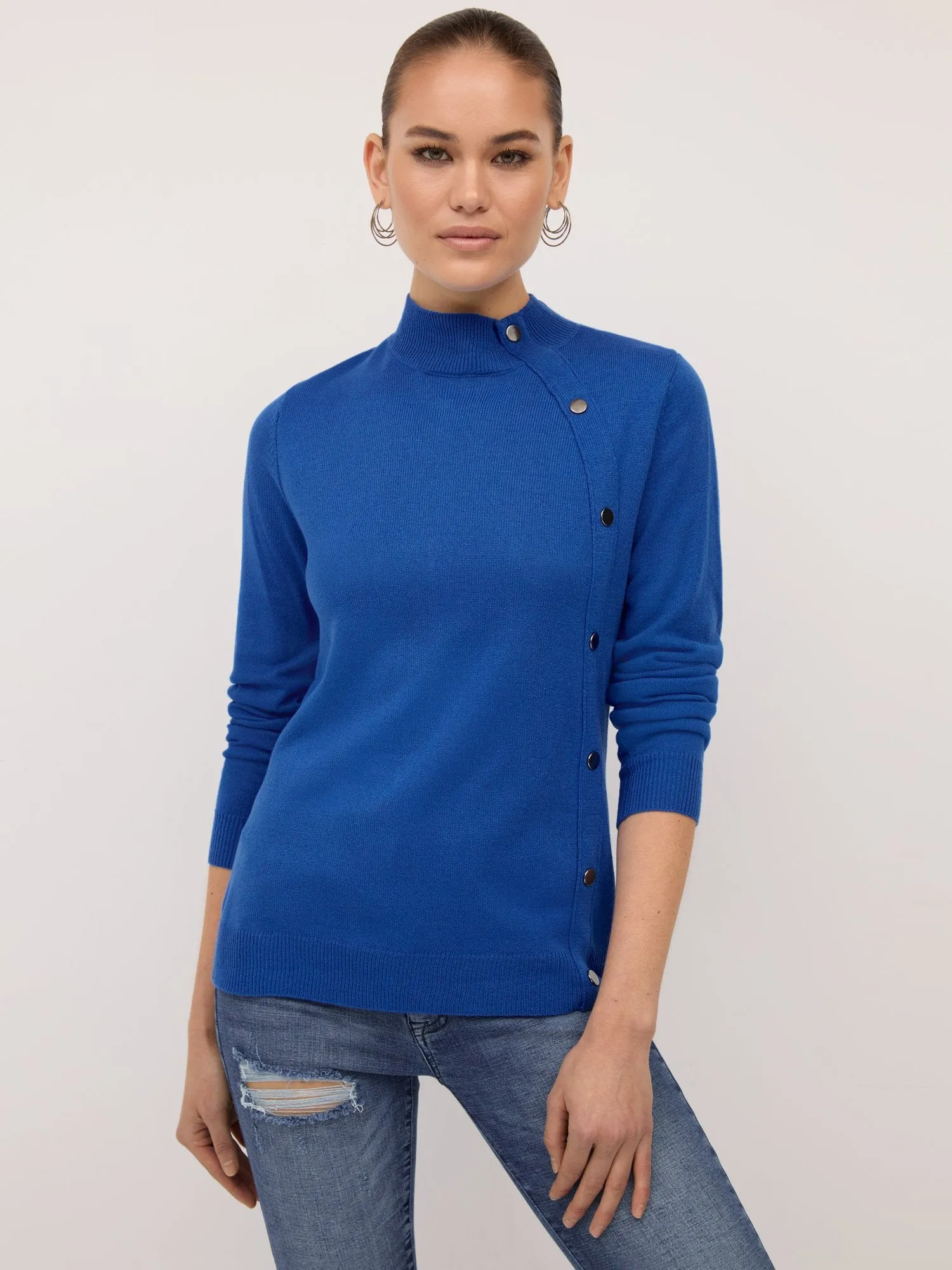 Button-Detail Mock-Neck Sweater