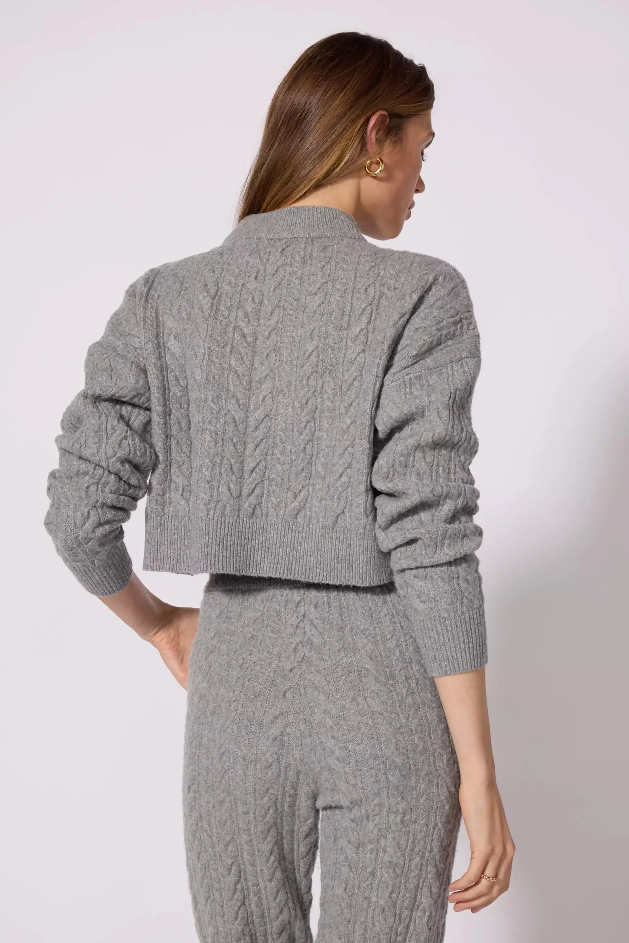Cable Knit Cropped Sweater - Htr Steel Grey