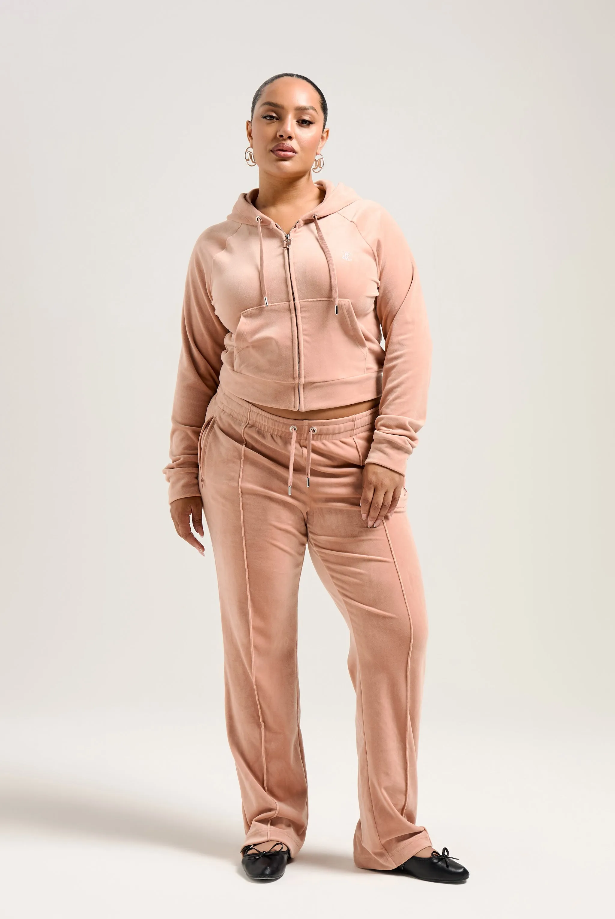 CAFE AU LAIT DIAMANTÉ VELOUR ZIP-THROUGH HOODIE