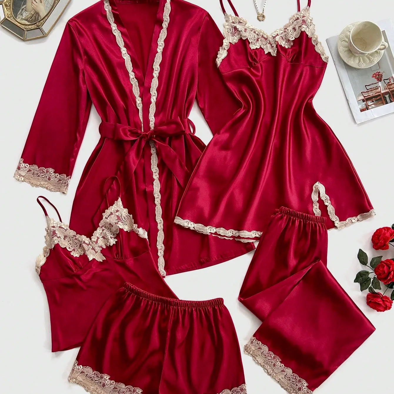 Callasa Silk Pajamas 5 Packs Set - Red Wine