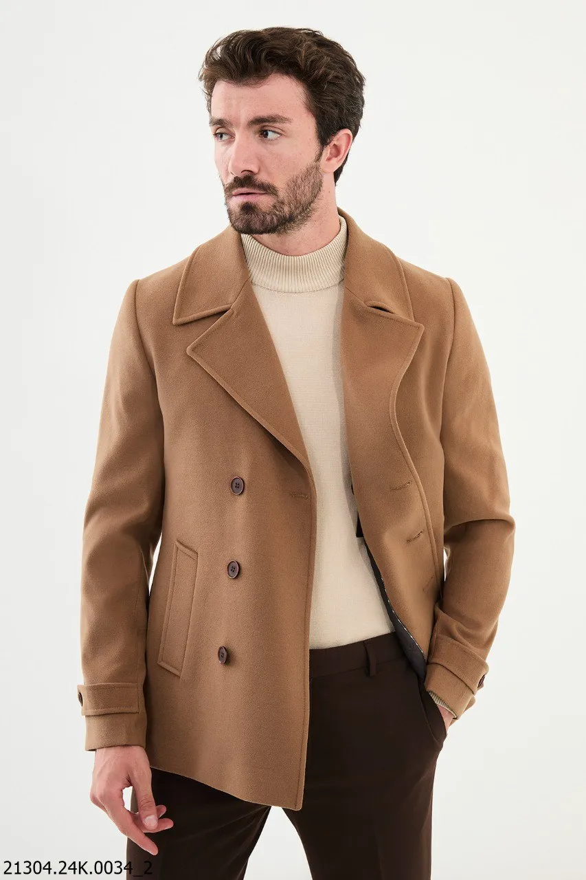 Camel-Colored Double-Breasted Pea Coat