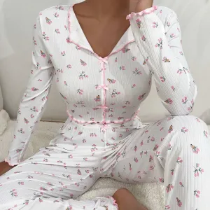 Carrie Floral Knitted Long Sleeve Pajamas - White