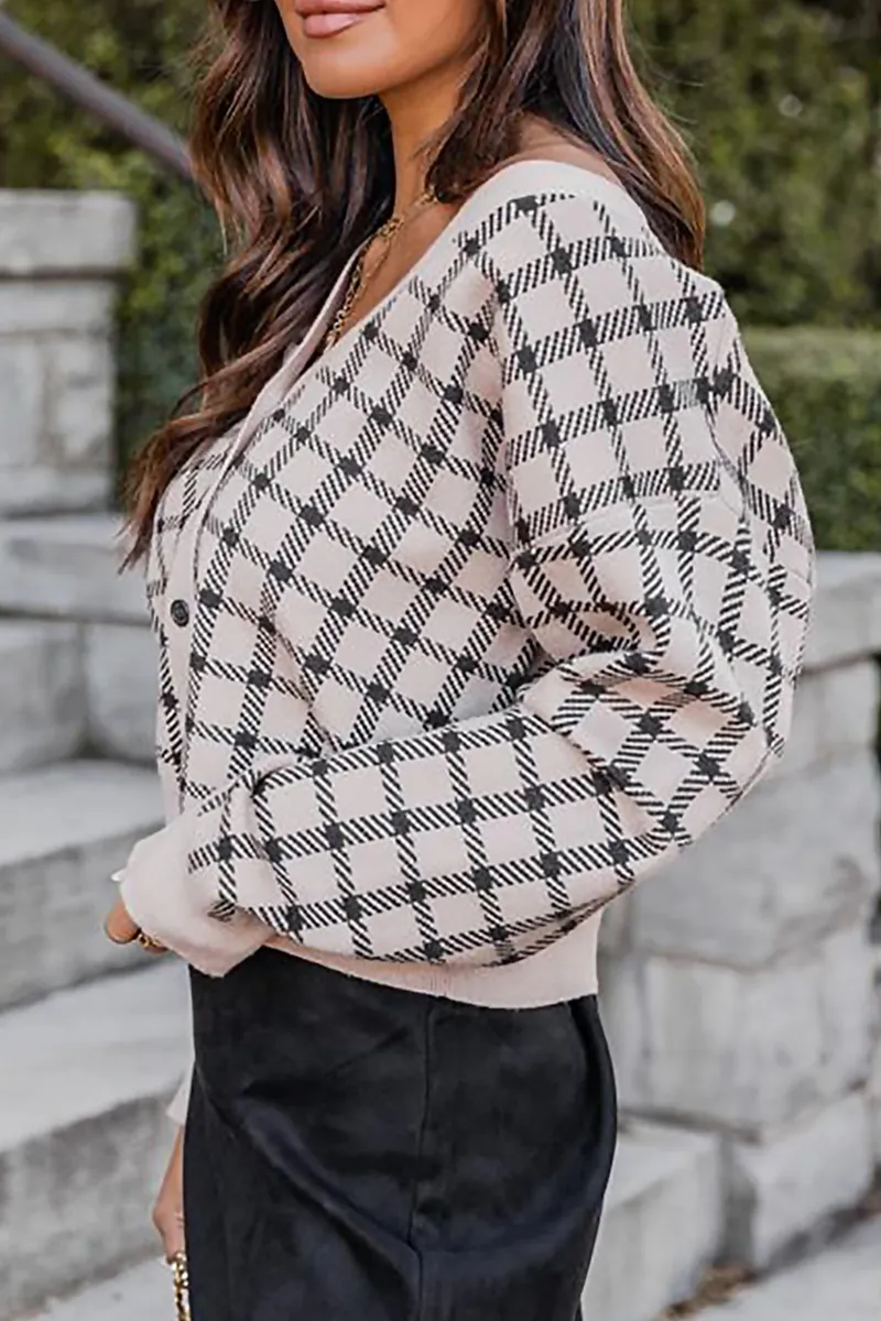 Casual Print Patchwork Buckle V Neck Sweaters