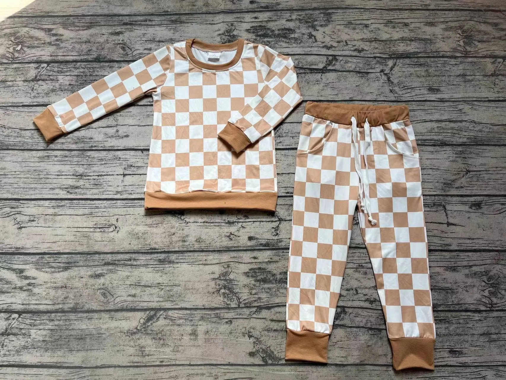 Checkered Baby Kids Khaki Color Shirt Pants Pajamas Clothes