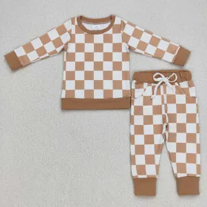 Checkered Baby Kids Khaki Color Shirt Pants Pajamas Clothes