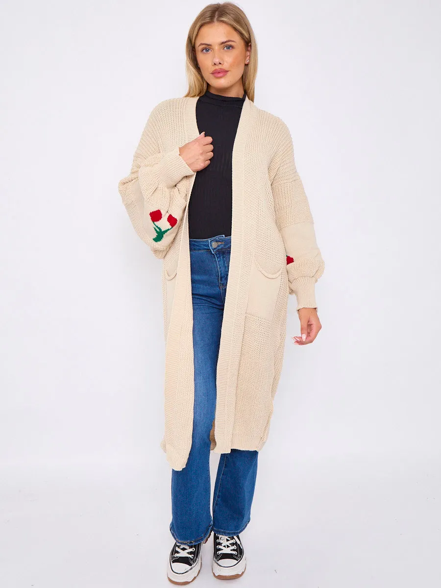 Cherry Detail Balloon Sleeves Knitted Open Cardigan