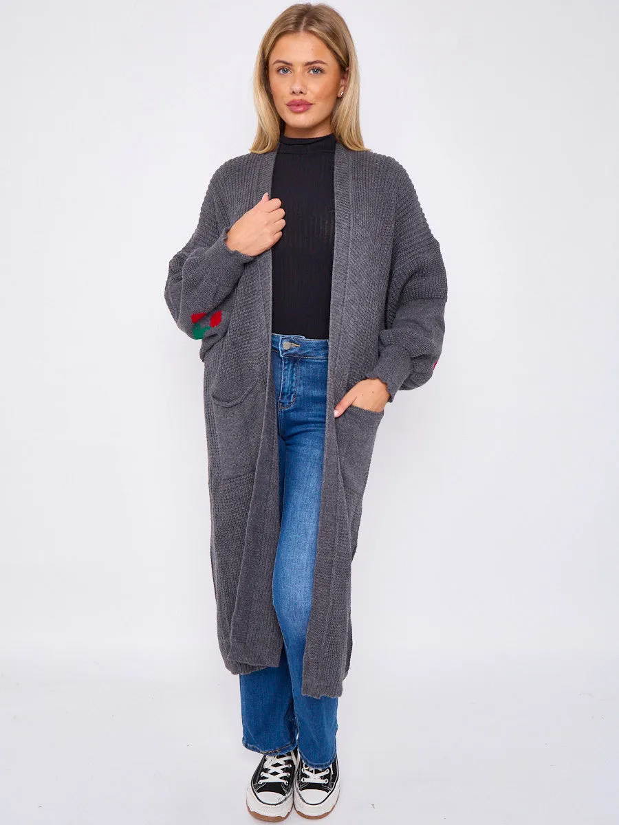 Cherry Detail Balloon Sleeves Knitted Open Cardigan