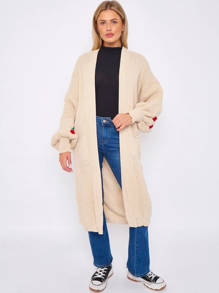 Cherry Detail Balloon Sleeves Knitted Open Cardigan