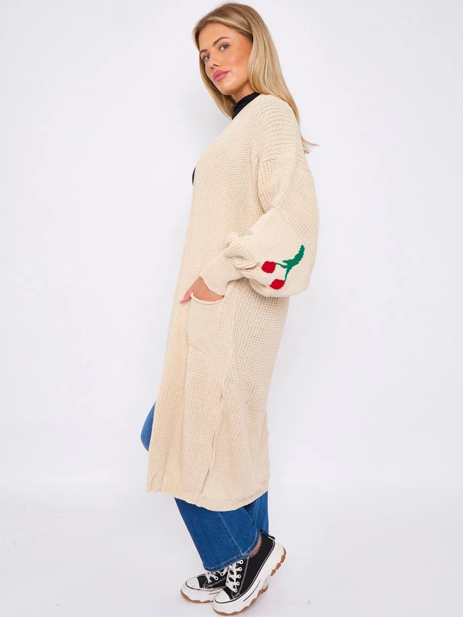 Cherry Detail Balloon Sleeves Knitted Open Cardigan