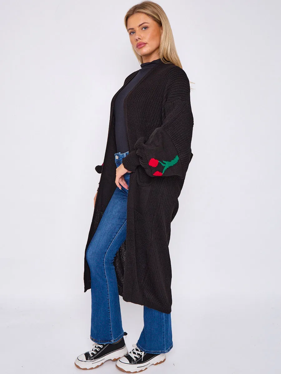 Cherry Detail Balloon Sleeves Knitted Open Cardigan