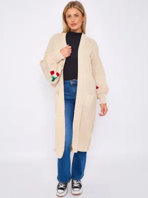 Cherry Detail Balloon Sleeves Knitted Open Cardigan