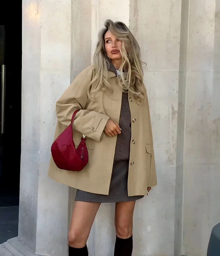 Chic Khaki Short Trench Jacket for Ladies