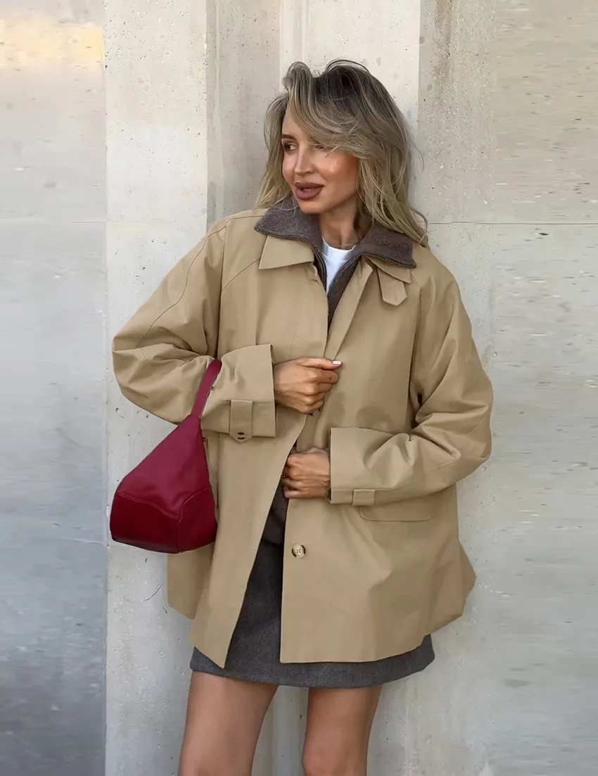 Chic Khaki Short Trench Jacket for Ladies
