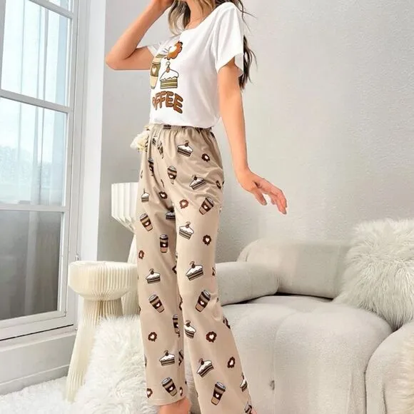 Coffee Print Soft Two Piece Pajama Set