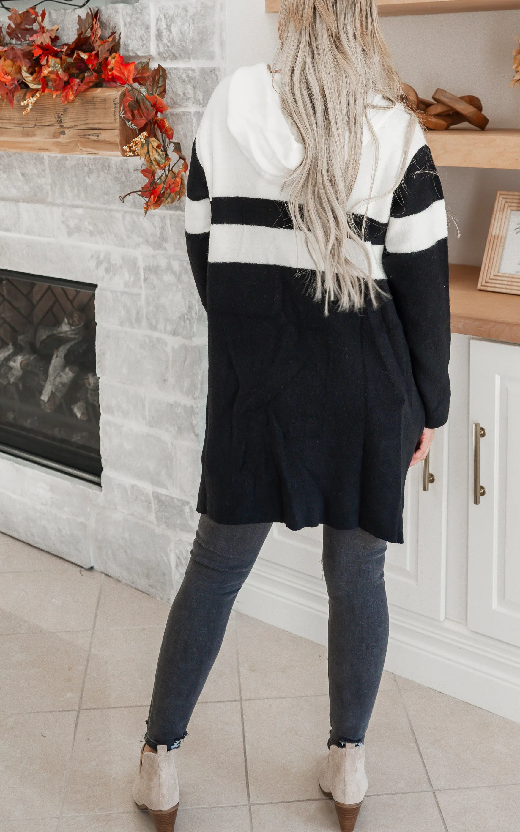 Colorblock Hooded Sweater Long Cardigan**