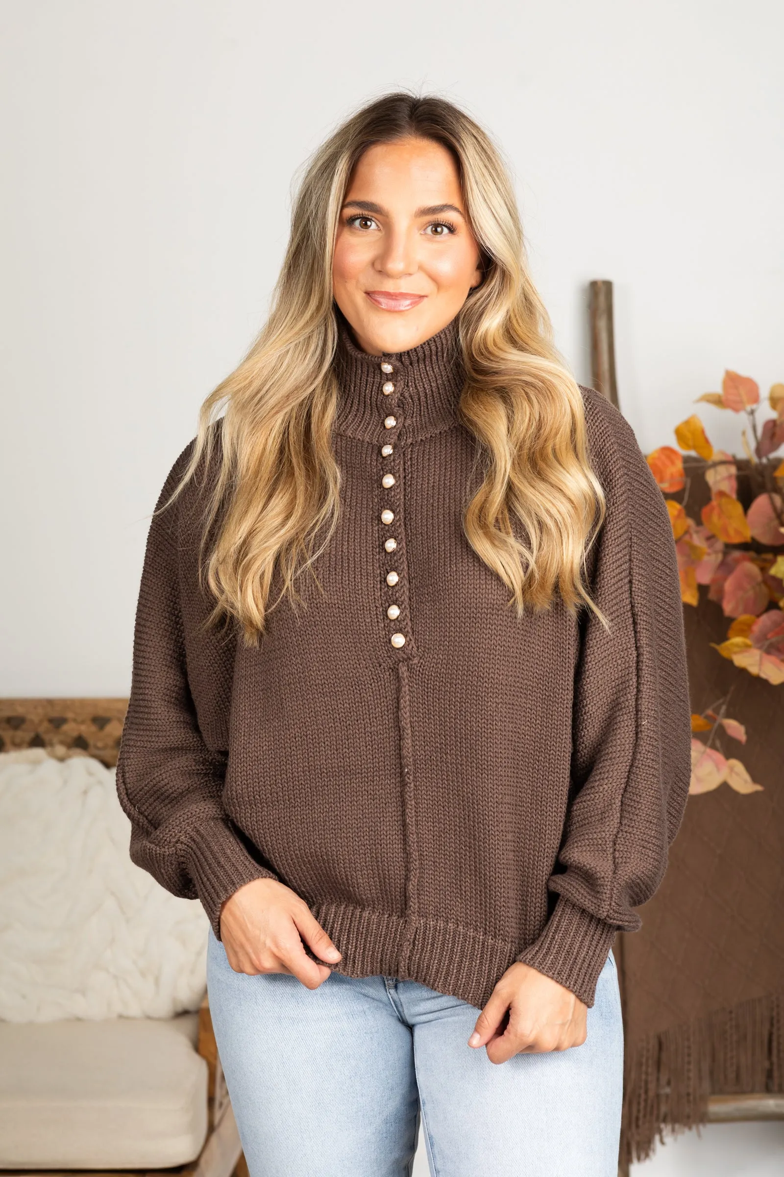 Dolman Sleeve Mock Neck Pearl Button Sweater