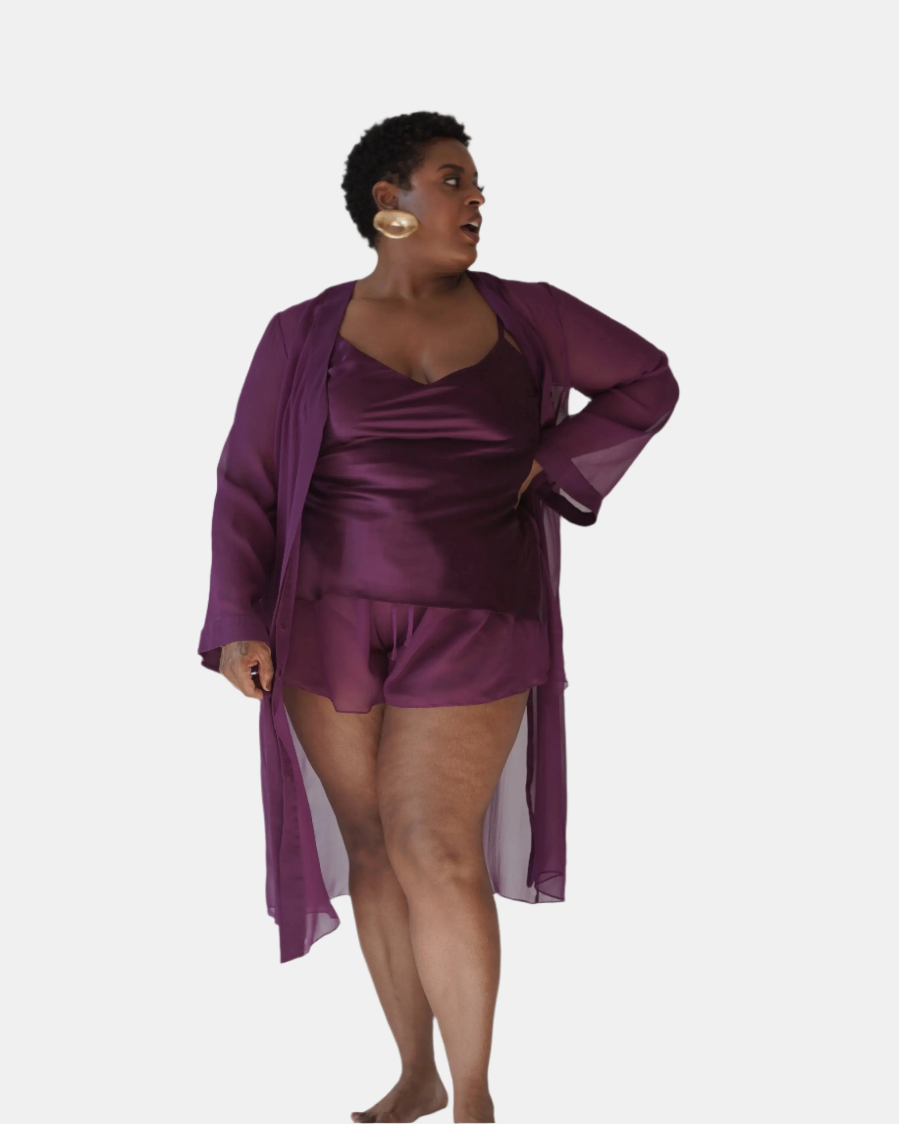 DONNA SILK CHIFFON NIGHT DRESS IN AUBERGINE